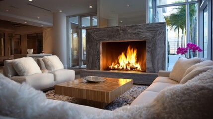 Modern living room with a cozy fireplace and elegant furnishings in a stylish home during the evening
