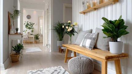Cozy entryway with plants and natural decor featuring wooden bench and soothing colors