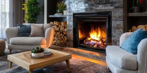 Cozy living room with modern fireplace and comfortable seating in a warm setting