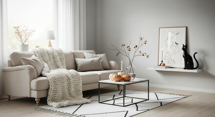 Obraz premium Cozy Living Room Decorated for Halloween with White Sofa, Pumpkins, and Black Cat