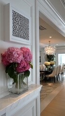 Beautiful hydrangeas in a modern home interior with elegant dining area and artistic wall decor