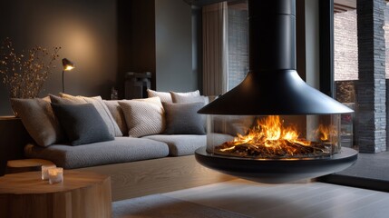 Modern living room with a unique hanging fireplace and cozy seating creating a warm atmosphere during evening hours