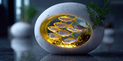 Modern decorative aquarium with colorful fish and natural elements in a contemporary setting