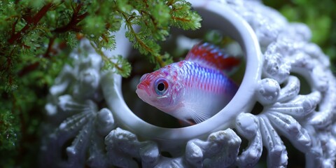 Colorful fish resting inside a decorative shell surrounded by green plants in an aquarium habitat