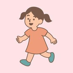 Minimalist illustration of a happy little girl walking with joy, wearing a simple orange dress and blue shoes, expressing playful and cheerful vibes.