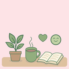 Minimalist illustration of a plant, coffee cup, book, heart, and smiley, creating a cozy study and relaxing mood with soft pastel background.