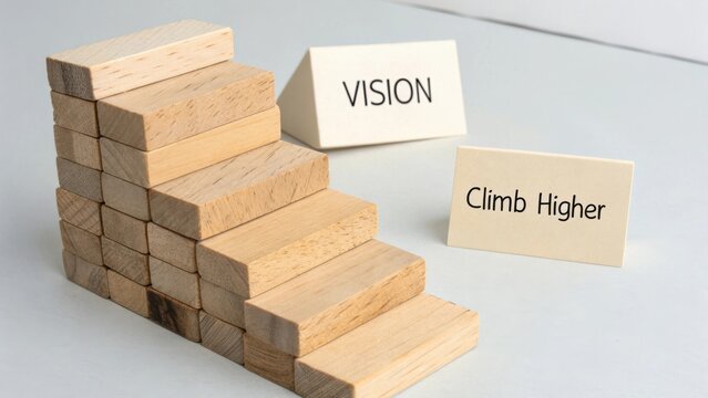 Stacked Wooden Blocks Representing Steps to Vision and Personal Growth with Inspirational Messages for Success