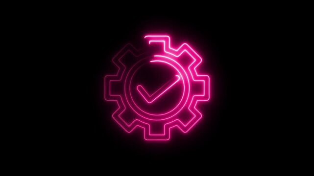 Neon pink gear with checkmark glowing on black background symbolizing successful process automation and quality control