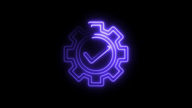 Neon gear with checkmark glowing purple on black background symbolizing successful process automation and quality assurance