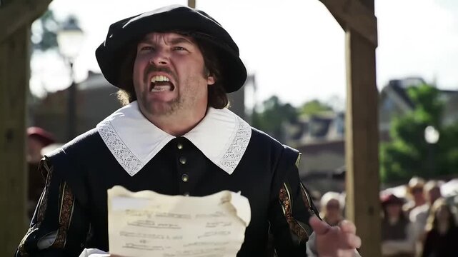 Enthusiastic historical town crier in period costume passionately shouting a dramatic public proclamation during an outdoor village reenactment