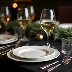 Vector art of sophisticated table setting with wine glasses, plates, and cutlery in a restaurant