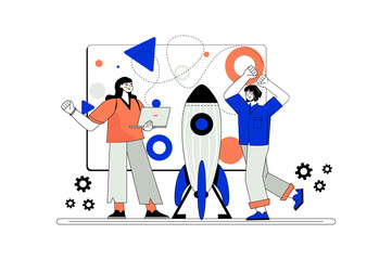 Teamwork Concept with People and Rocket on White Background Illustration of Business Team Developing Rocket Project for Startup Company Cartoon Flat Design