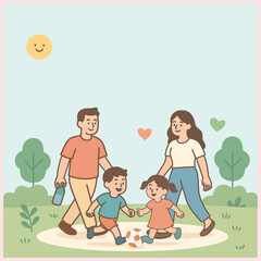 Minimalist illustration of a happy family playing soccer together outdoors, showing love, joy, and bonding in a cheerful and simple pastel design.