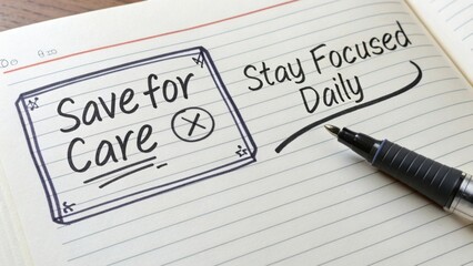 Save for Care Concept with a Pen on a Notebook Highlighting Stay Focused Daily Note