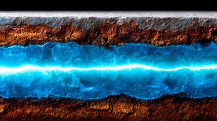 A cross-section of earth reveals a powerful, glowing blue underground electrical cable.
