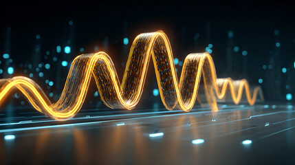 A glowing, golden waveform of data flows above a futuristic digital circuit board.