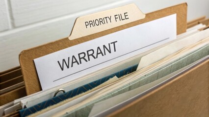 Close-Up of Organized Document Folder with Warrant Label Highlighting Legal Importance and Professional Filing System