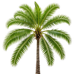 Isolated palm tree with vibrant green fronds, brown trunk, black background