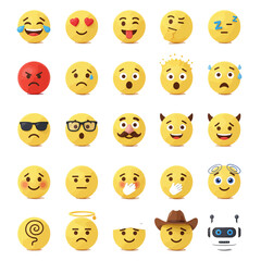 Naklejka premium Collection of emoji icons displaying various expressions on a white background surface perfectly aligned