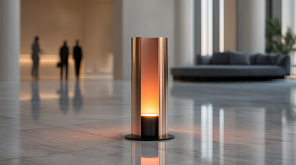 A modern cylindrical copper lamp glows warmly on a polished marble lobby floor.