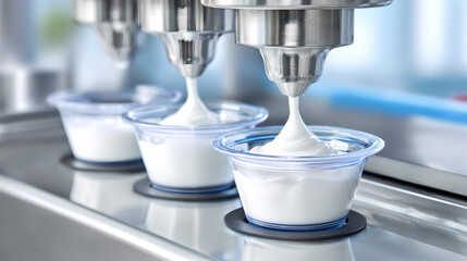  A hygienic stainless steel machine precisely fills cups with a swirl of yogurt.