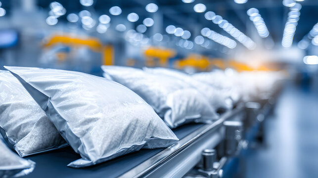 Automated filling line rapidly transports sealed white pouches of industrial polymer granules.
