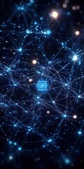 Obraz premium Blue digital background with complex glowing network connections and small square icon in center for modern tech abstract design.