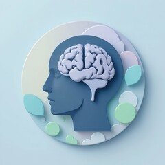 Minimalist 3D illustration of a human head silhouette with a pastel brain, symbolizing mental health, mindfulness, intelligence, and emotional balance in soft calming colors