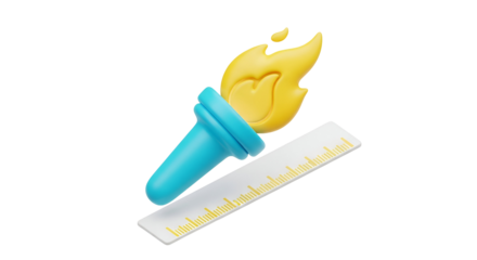 3d icon of 3d rendering of a blue torch with a yellow flame and a ruler isolated on transparent background