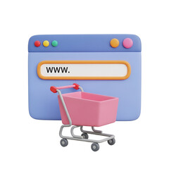 3d illustration of a shopping cart in front of a browser window isolated on transparent background