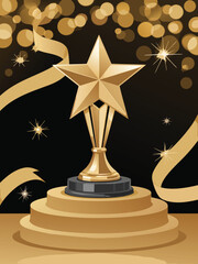 A dazzling golden star trophy stands proudly on a tiered platform, surrounded by shimmering bokeh lights and elegant ribbons, symbolizing achievement and excellence in a celebratory atmosphere