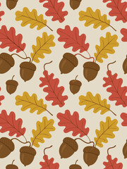 A delightful pattern showcasing autumns beauty with vibrant oak leaves in shades of red and yellow, complemented by charming acorns, creating a warm and inviting seasonal design on a neutral backdrop