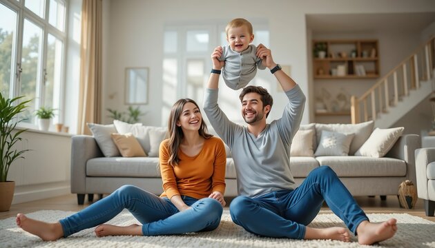 Happy family spending joyful time together at home, smiling parents playing with their baby in a bright living room filled with warmth and love
