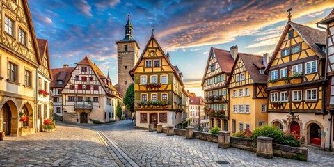 Charming Historic Village with Colorful Architecture at Sunset