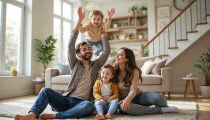Happy family spending joyful time together at home, smiling parents playing with their baby in a bright living room filled with warmth and love