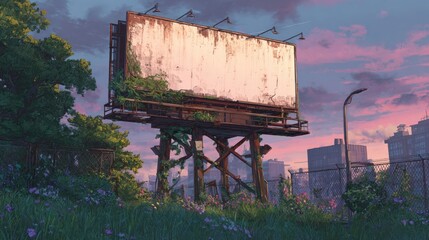 Abandoned billboard in overgrown urban landscape
