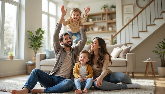 Happy family spending joyful time together at home, smiling parents playing with their baby in a bright living room filled with warmth and love
