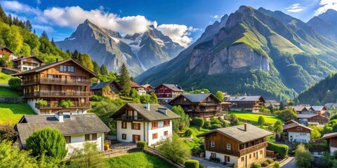 Fototapeta premium Scenic Mountain Village with Charming Cabins and Lush Green Hills