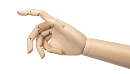 Wooden articulated hand pointing with fingers extended