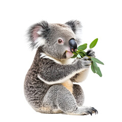 Fototapeta premium Koala eating A koala holds eucalyptus leaves in its paws and eats while sitting or standing. full length isolate on transparent background