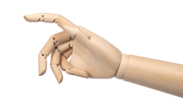 Wooden articulated hand pointing with fingers extended