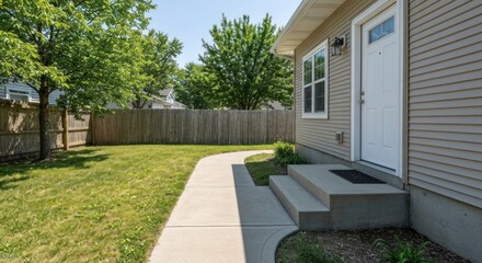 Obraz premium Side yard pathway leading to a light beige building with a white door. Lush green grass and a wooden fence border the pathway