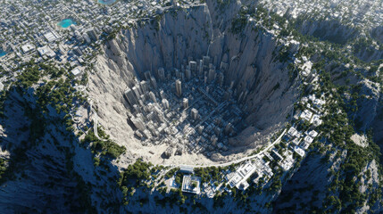 Aerial View of a Futuristic Urban City Built Inside a Massive Mountain Crater Surrounded by Lush Greenery and Modern Architecture