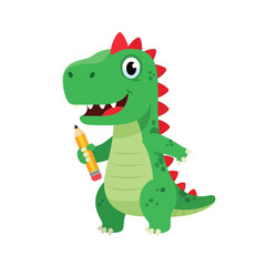 Fototapeta premium A cute cartoon green dinosaur holding a yellow pencil, ready to draw or write.