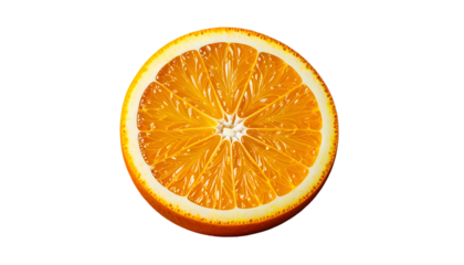 Juicy orange slice, cross-section, showing segments against black