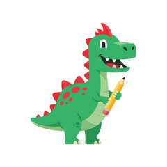 Fototapeta premium A cute green cartoon dinosaur holding a yellow pencil in its hand, with red spots and spikes.