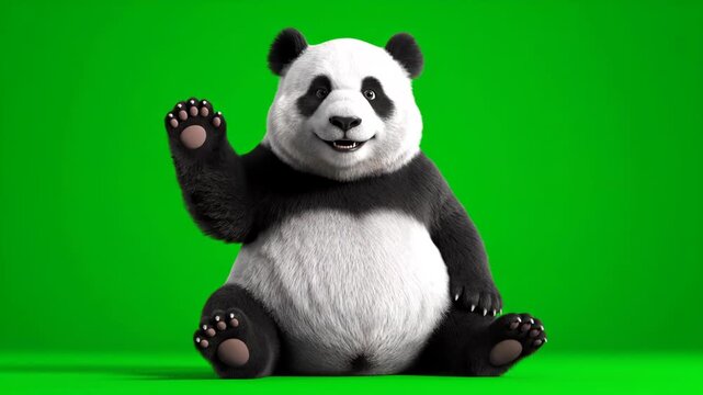 Cute Panda Waving on Green Screen.