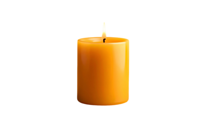 Lit, short, orange candle on black background