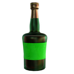 Bottle with green label dark glass and cap 3d render isolated mockup