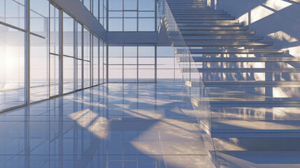 Minimalist Office Space Featuring Glass Staircase in Early Morning Light with Modern Architecture and Reflection on the Floor